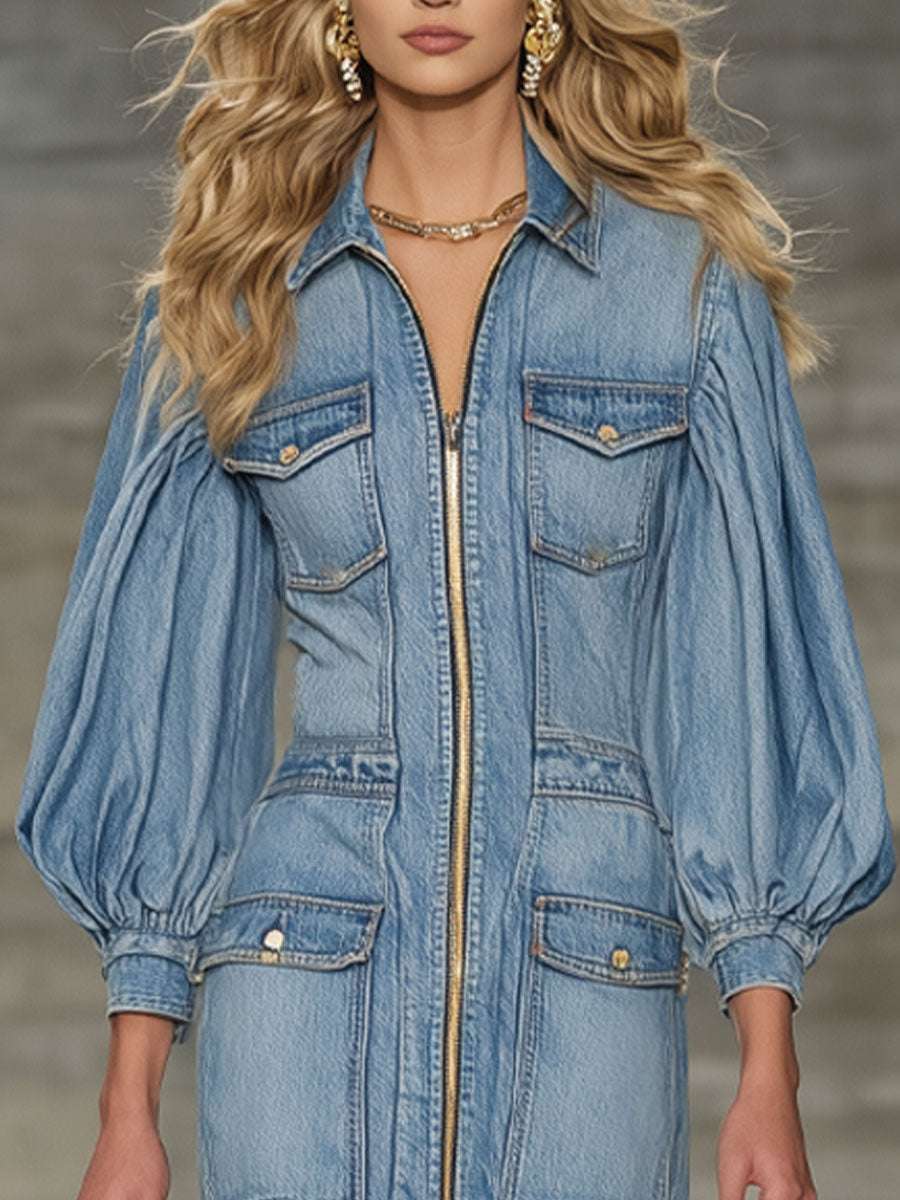 Fashionable Urban Casual Light Blue Washed Denim Lapel Lantern Sleeve Midi Dress