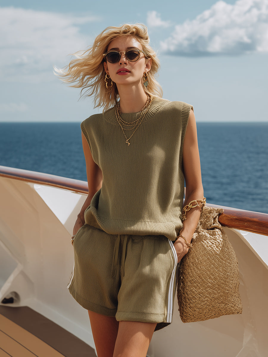 Yacht Vacation Olive Green Sleeveless Top And Shorts Knit Set