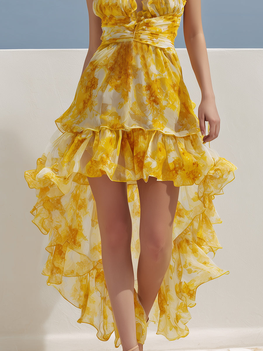 Luxury Resort Sunflower Yellow Watercolor Print Chiffon Ruffled High-low Maxi Dress