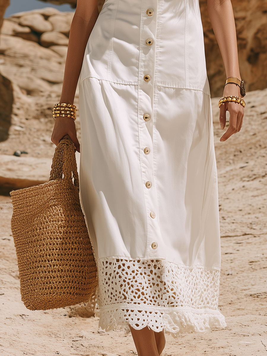 Casual And Resort-style White Cotton Lace Hem Sleeveless Maxi Dress