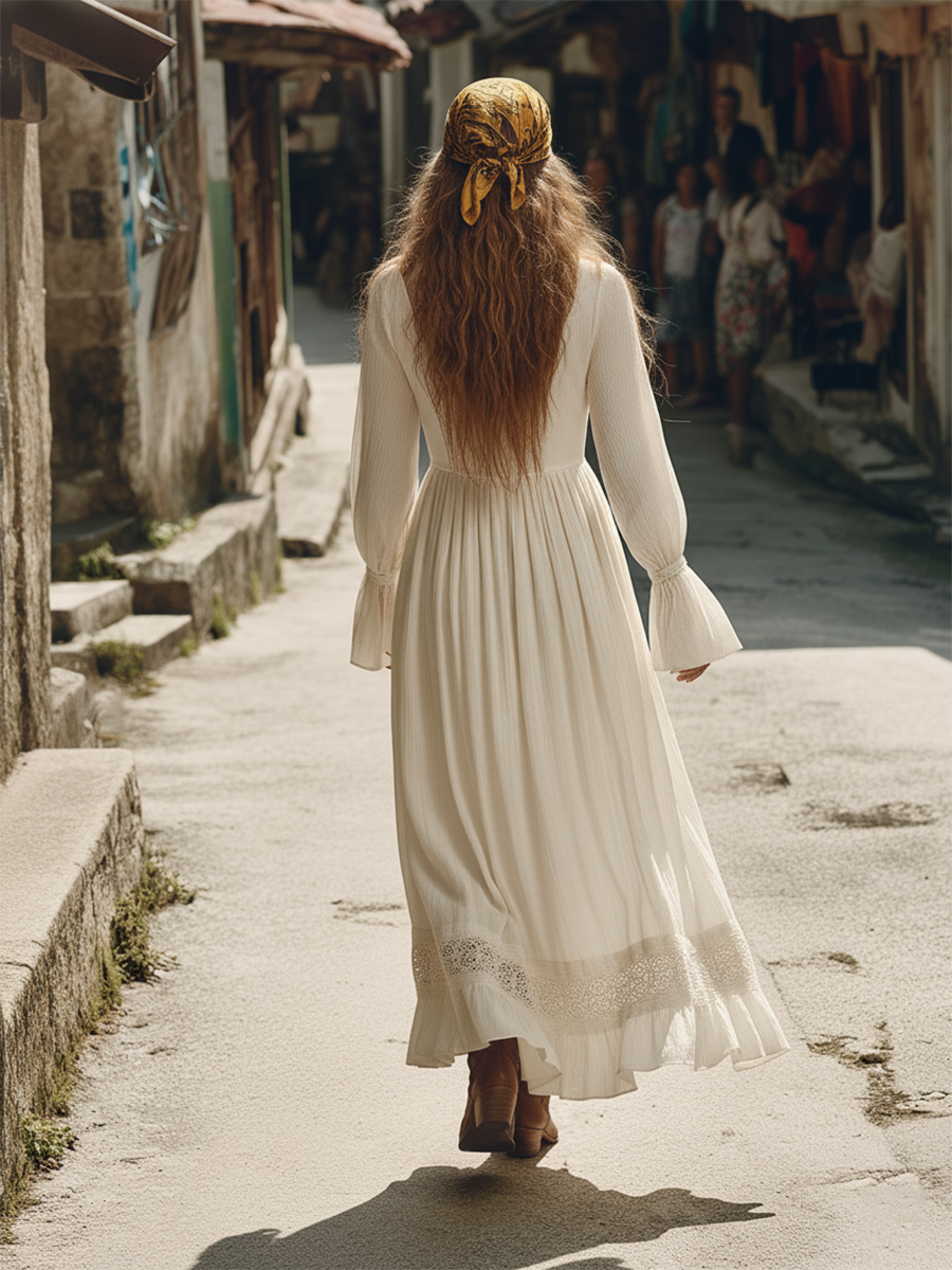 Romantic Bohemian Lace Top With Textured Hem Maxi Dress