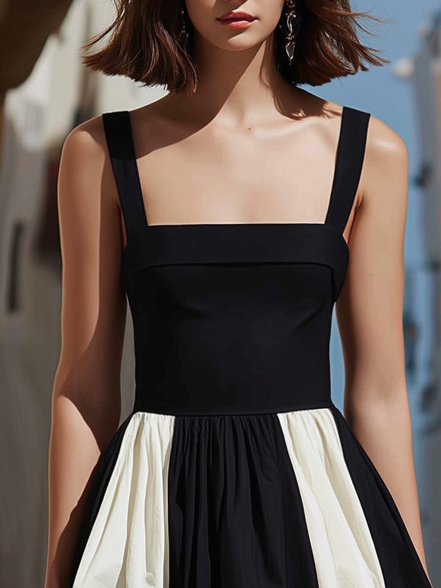 Vacation-style Cotton And Linen Color-block Off-the-shoulder Midi Dress