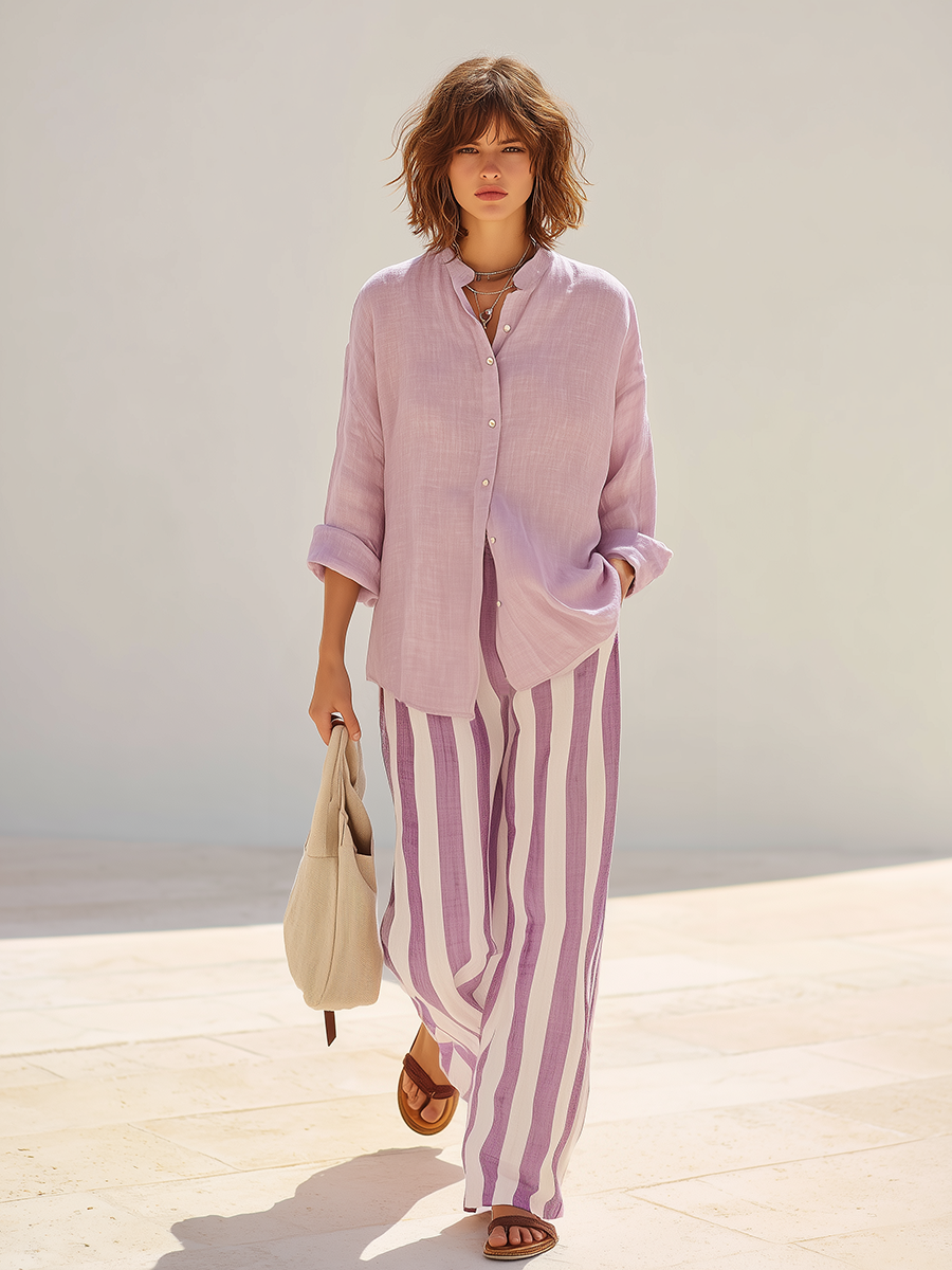 Resort-style Pink Striped Shirt And Trousers Set