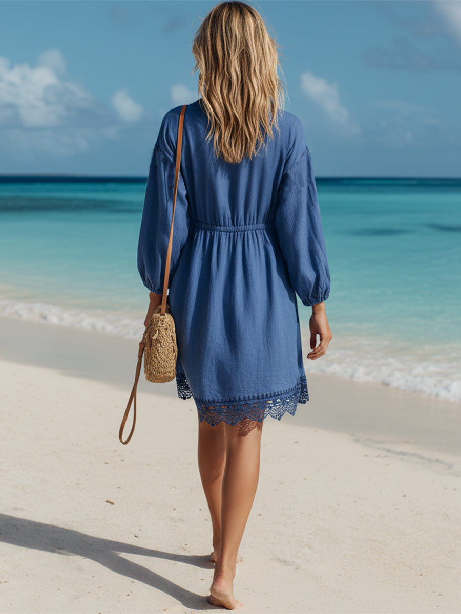 Ethnic-style Vacation Embroidered V-neck Drawstring Cotton And Linen Mini Dress