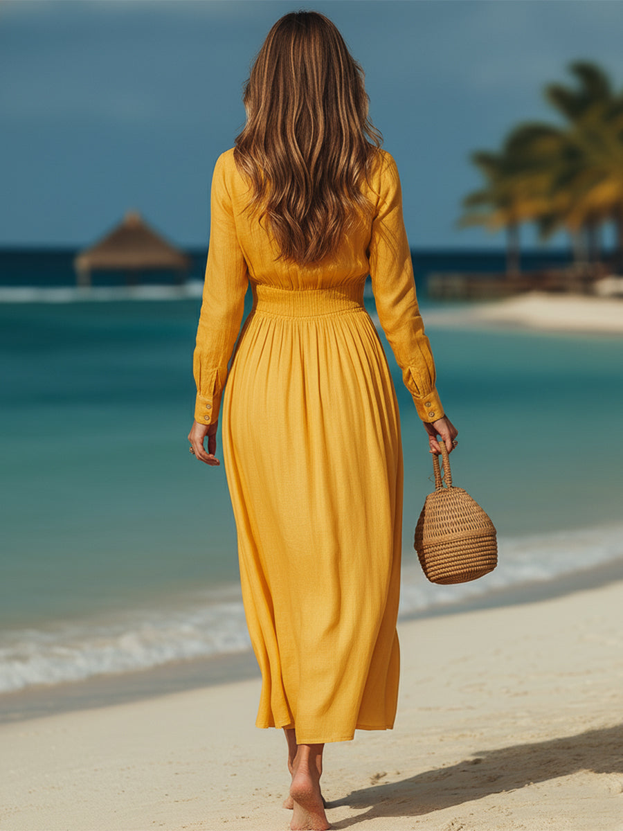 French Resort Style Yellow Cotton Linen Button-down Long-sleeved Maxi Dress