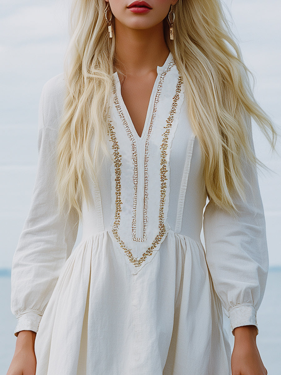 Elegant Resort-style Embroidered White Cotton And Linen Maxi Dress