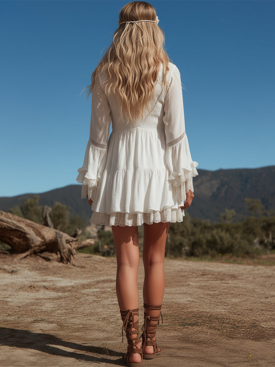 Bohemian Style V-neck Ruffled White Cotton Long-sleeved Mini Dress