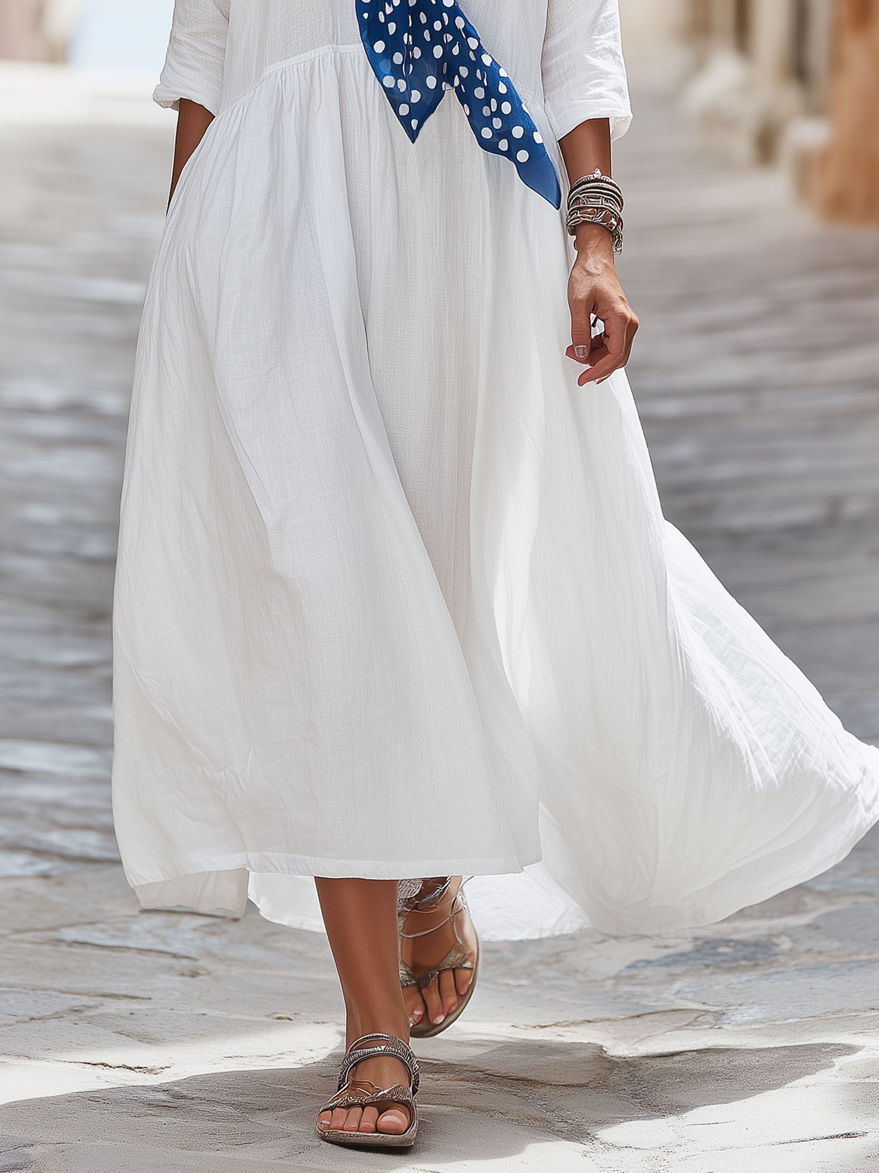 Elegant Blue Polka Dot Scarf And White Cotton Linen Mid-Sleeve Maxi Dress
