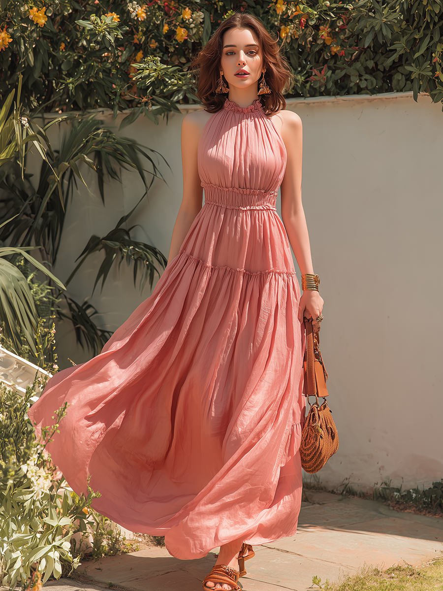 Vacation-style Pink Sleeveless Maxi Dress
