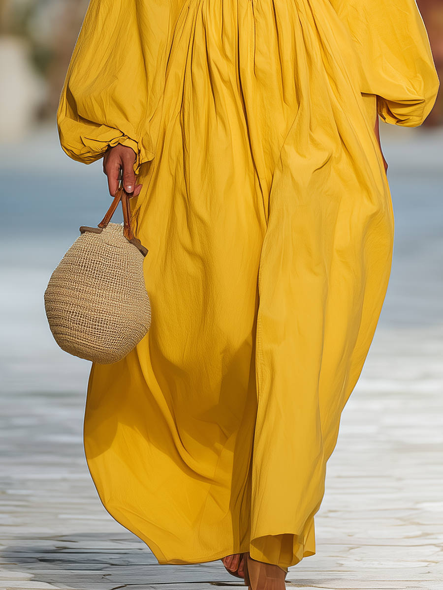 Simple Loose-fitting Bohemian Yellow Cotton Maxi Dress