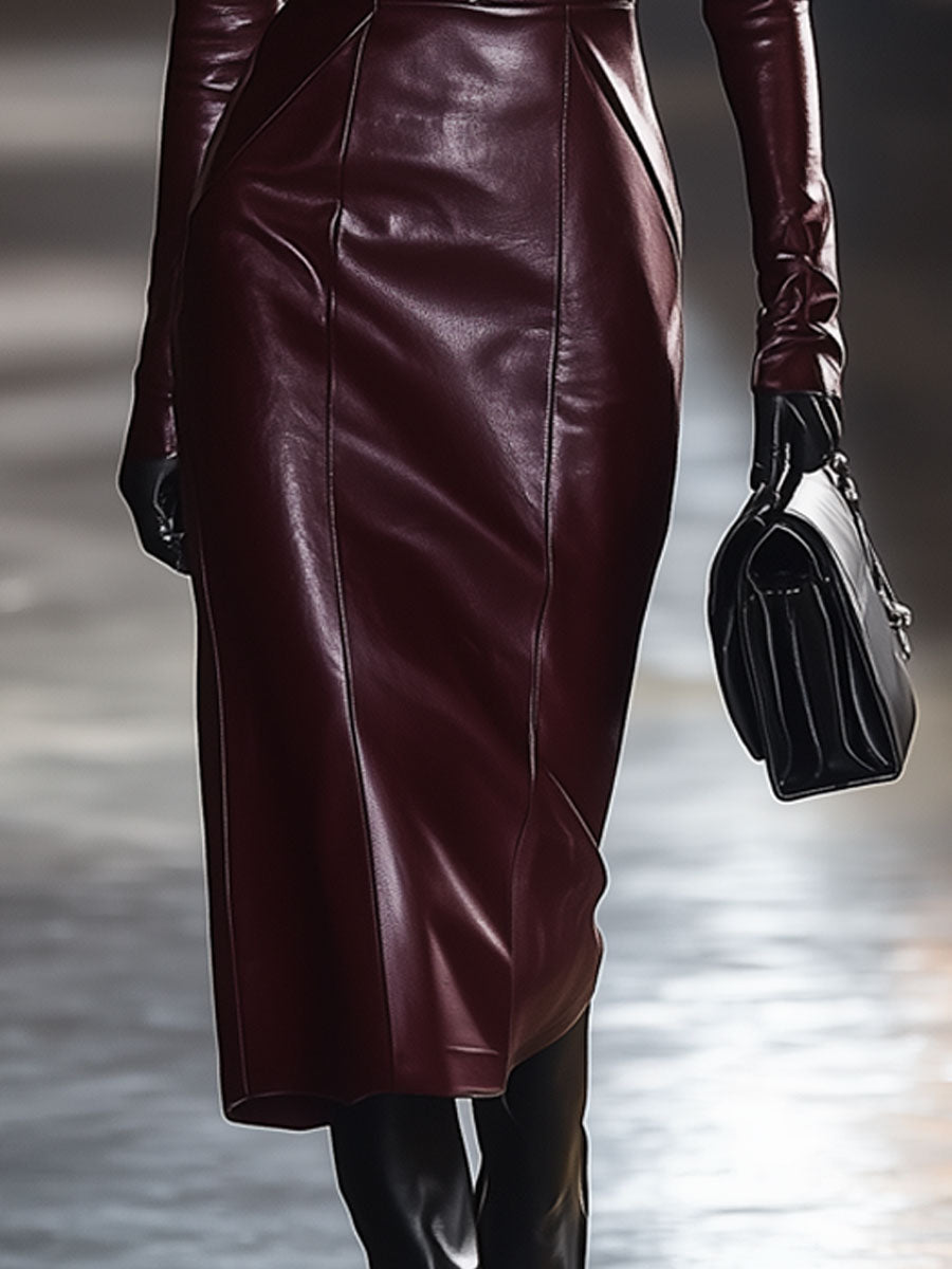Urban Fashion Burgundy Faux Leather Round Neck Long Sleeve Midi Dress