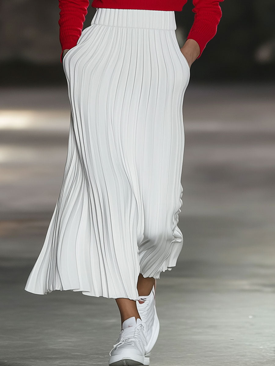 Fashion Sports Knitted Red Polo Shirt And White Pleated Skirt Set
