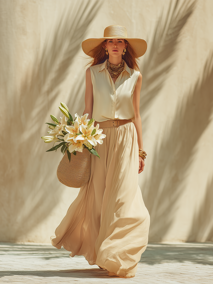 Elegant Vacation Off-white Sleeveless Satin Shirt And Sheer Skirt Set