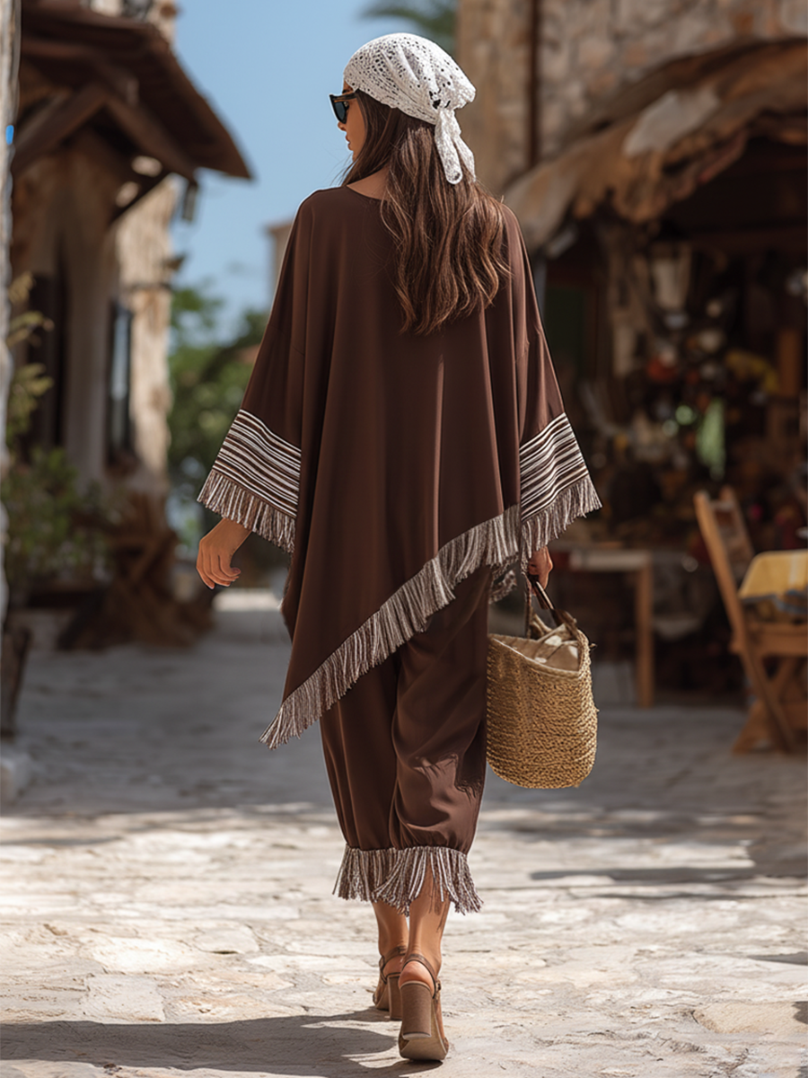 Retro Bohemian V-neck Cotton Tassel Top And Drawstring Capri Pants Set