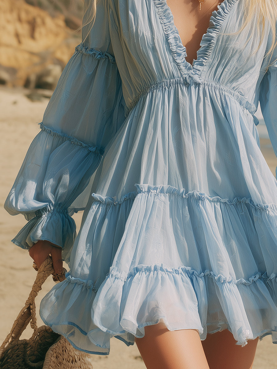 French Romantic Sky Blue Chiffon V-neck Ruffled Mini Dress