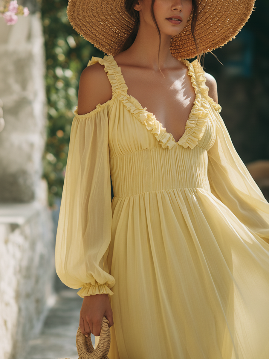 Romantic Vacation Style Ruffled Neckline Off-the-shoulder Long-sleeved Chiffon Maxi Dress