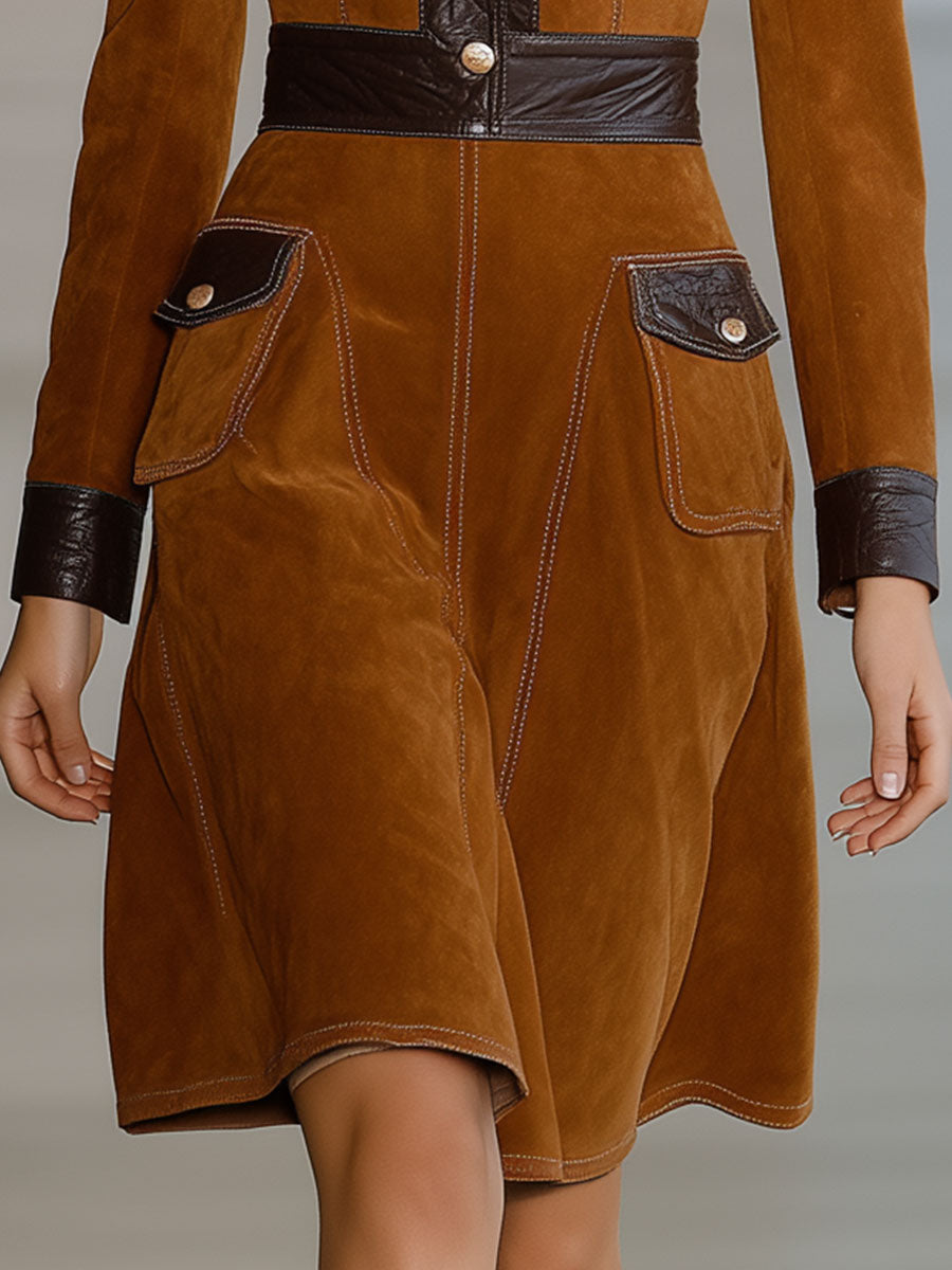 Vintage Lapel Faux Suede And Faux Leather Midi Dress
