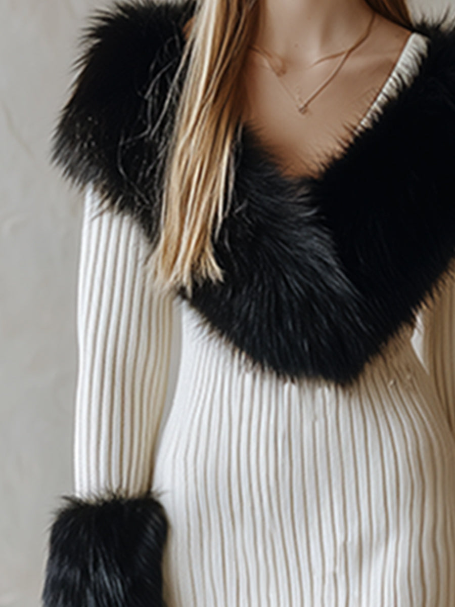 Elegant And Luxurious Faux Fur Detachable Collar White Knitted Maxi Dress