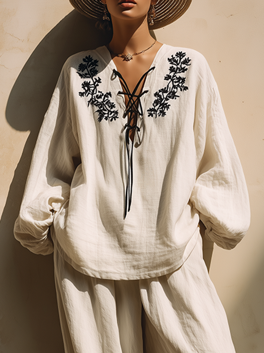 Relaxed Vacation Style: Black Embroidered Top And Wide-leg Pants Cotton-linen Set