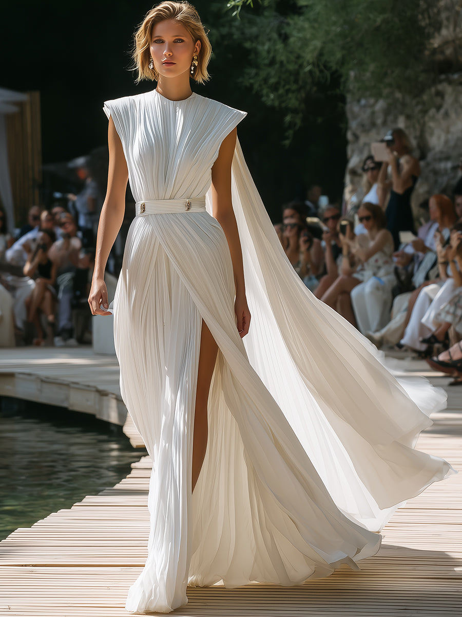 High-fashion White Pleated Sleeveless Cape Dress With Slits Maxi Dress