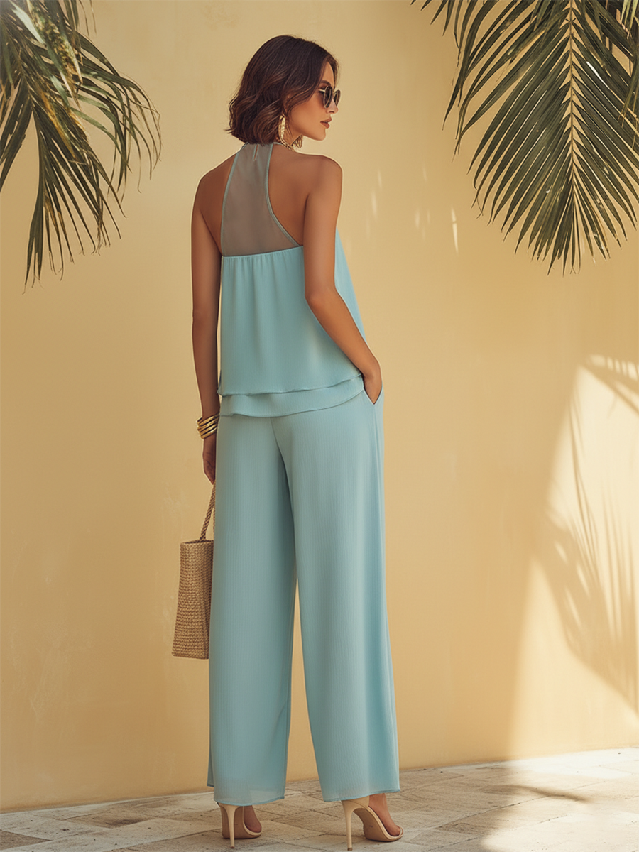 Luxurious And High-end Sky Blue Rayon Sleeveless Top And Wide-leg Pants Set