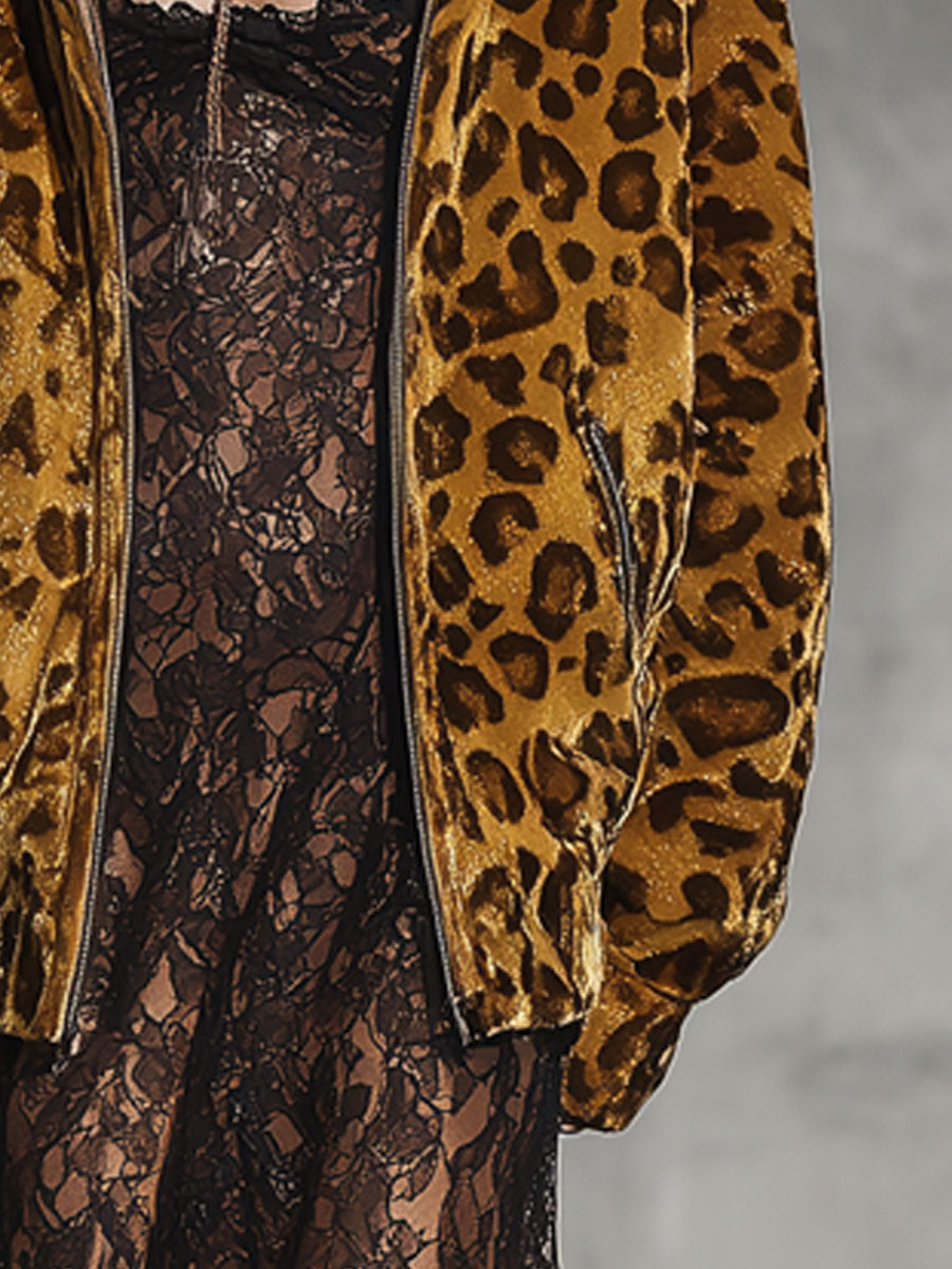 Casual Vintage Gold Velvet Leopard Print Zipper Jacket
