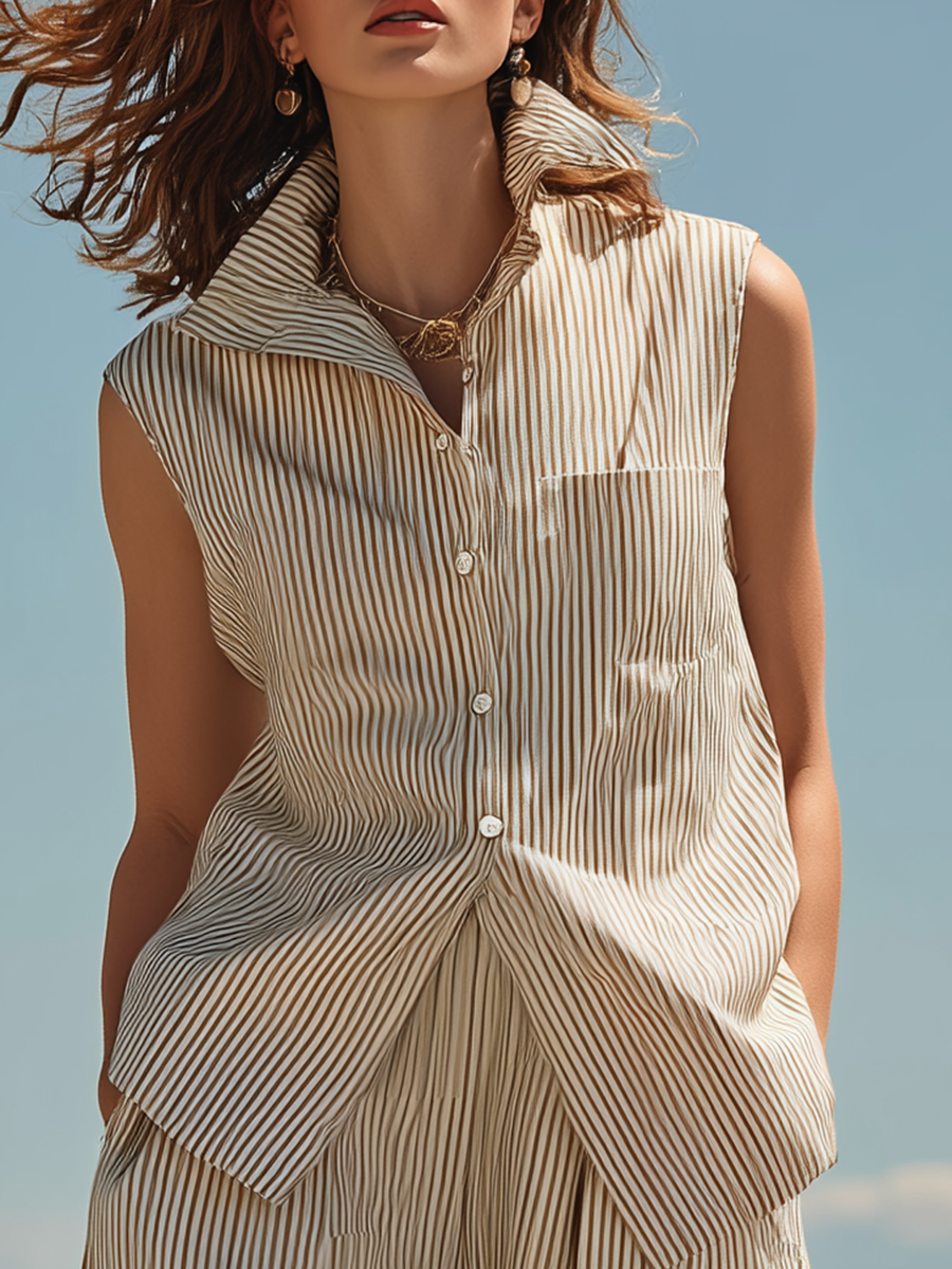 Vacation-style Striped Sleeveless V-neck Top And Trousers Set