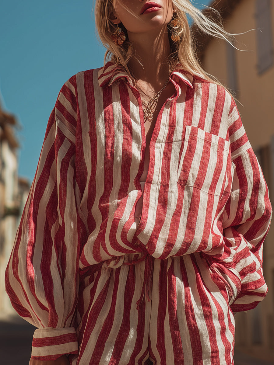 Italian-style Resort Red And White Striped Cotton And Linen Loose Shirt And Shorts Set