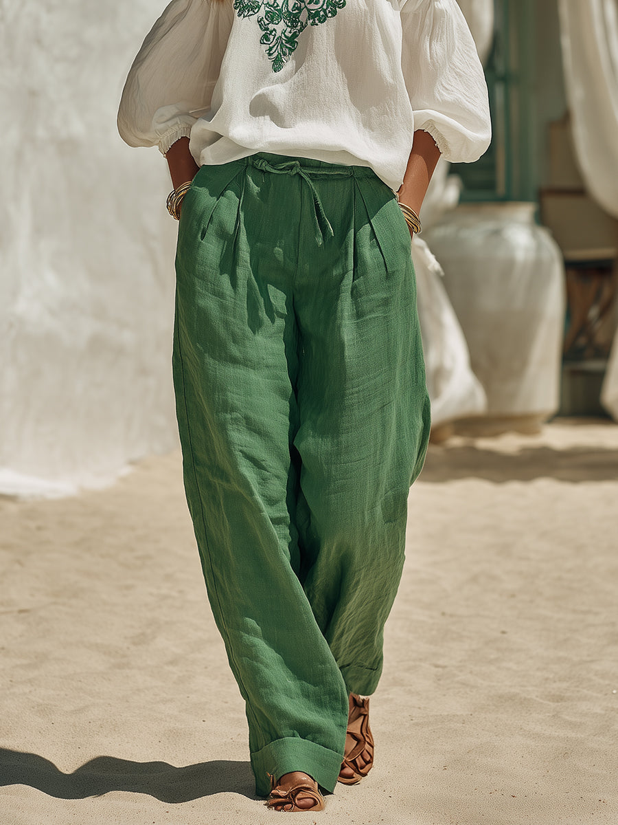 Casual Vacation Green Embroidered White Halter Top And Green Wide-leg Pants Set