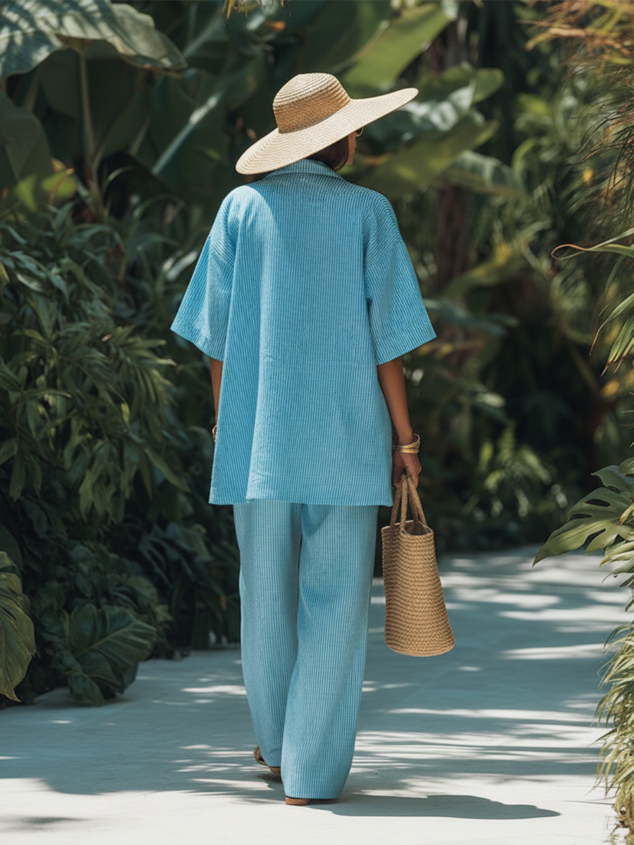 Casual Resort-style Blue Striped Short-sleeved Shirt And Wide-leg Pants Set