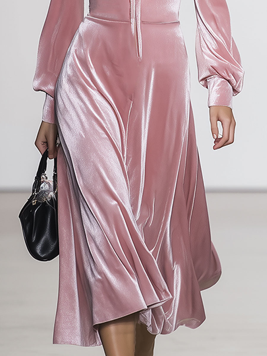Vintage V-Neck Tie Pink Velvet Long-Midi Dress