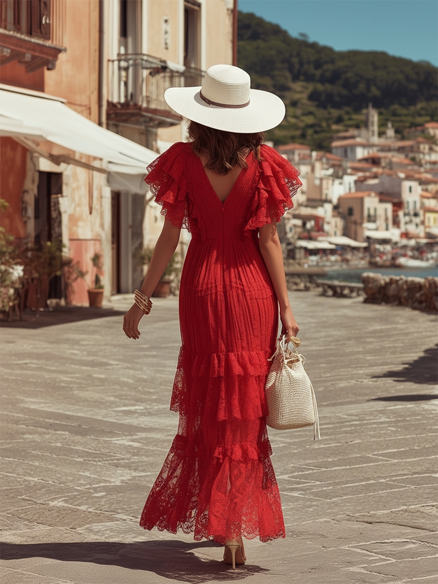 Romantic V-neck Short-sleeved Ruffled Red Lace Maxi Dress