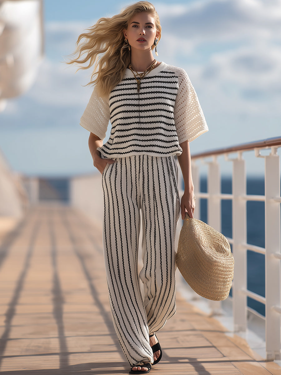 Nautical Coast Style Black And White Striped Knit Top And Wide-Leg Pants Set