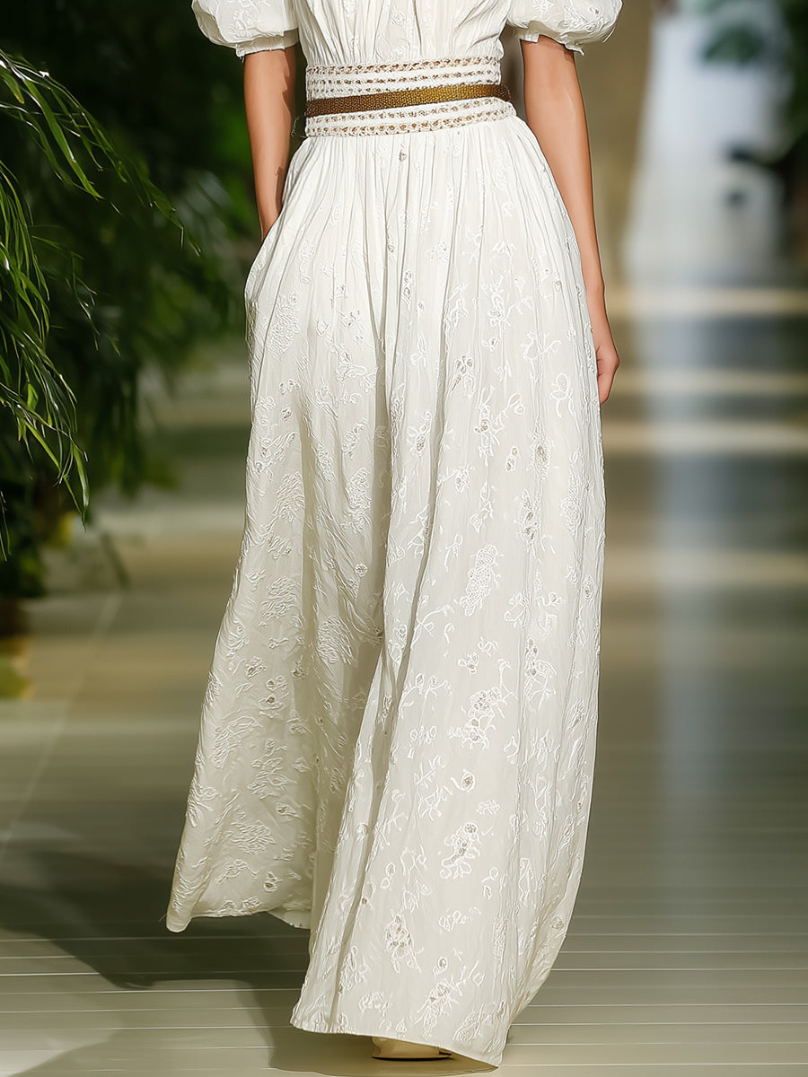 Elegant White Cotton Lace Off-shoulder Puff Sleeve Maxi Dress