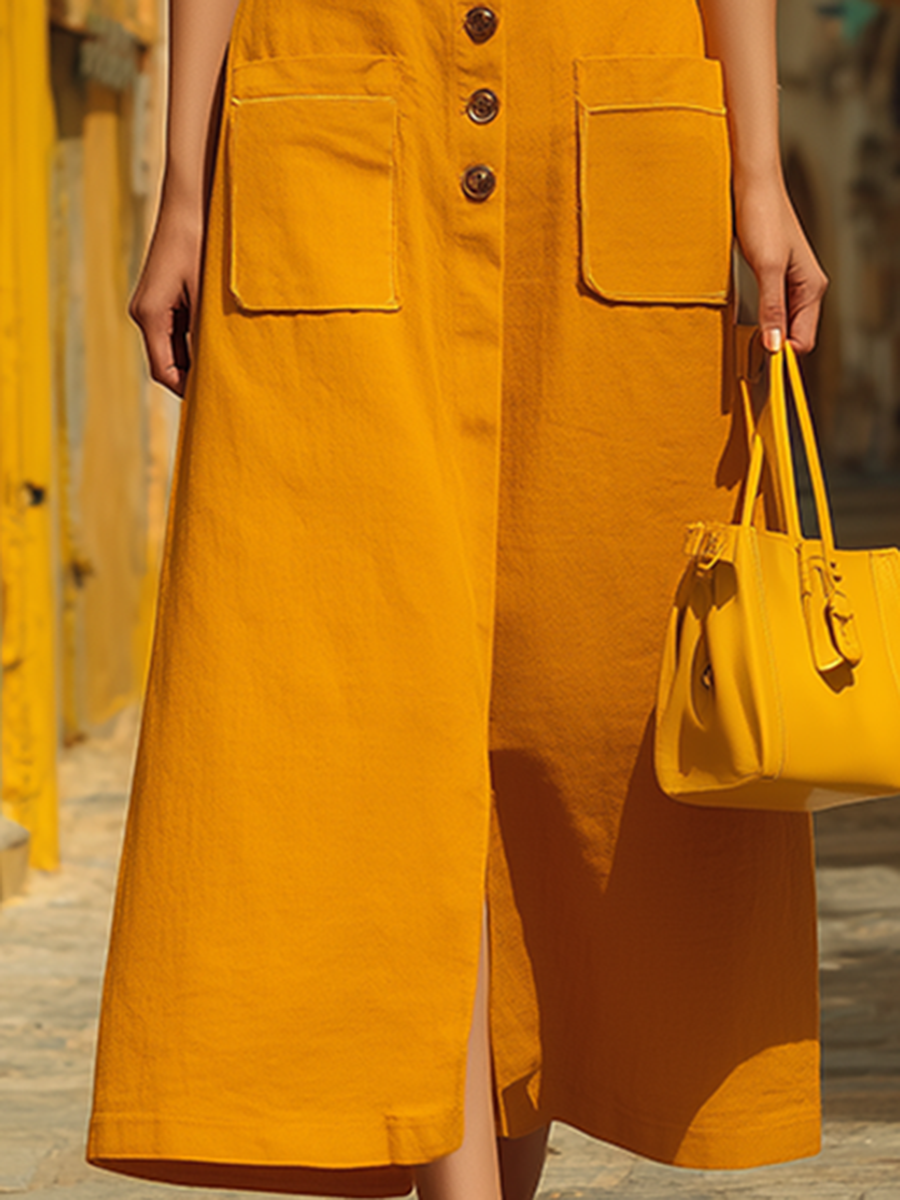 Slit Denim Strappy Maxi Dress