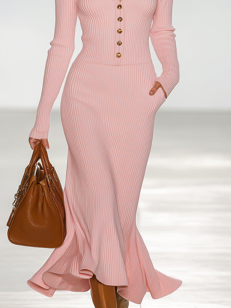 Elegant And Fashionable V-neck Lapel Gold Button Pink Fishtail Knitted Maxi Dress