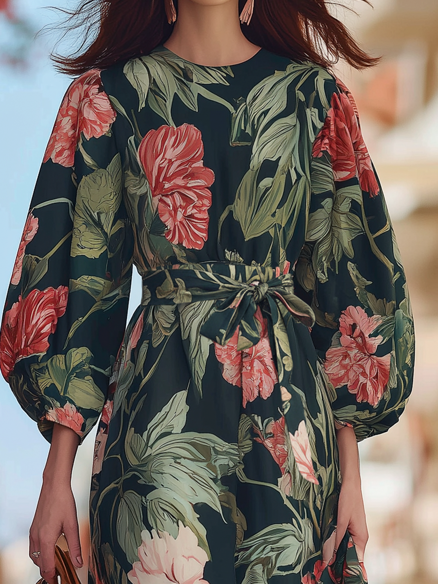 Romantic Vacation-style Floral Print Chiffon Maxi Dress