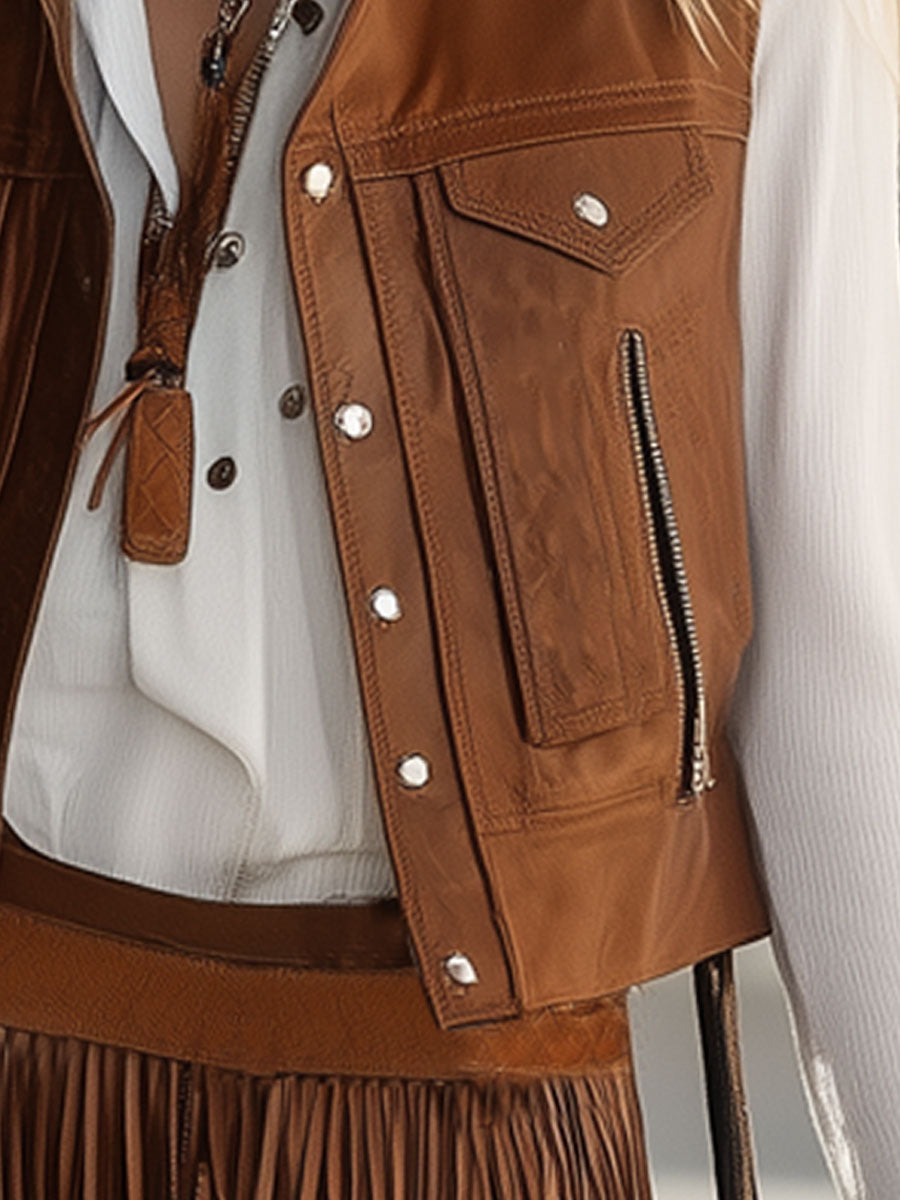 Vintage Casual Brown Eco-friendly Faux Leather Pocket Zipper Vest