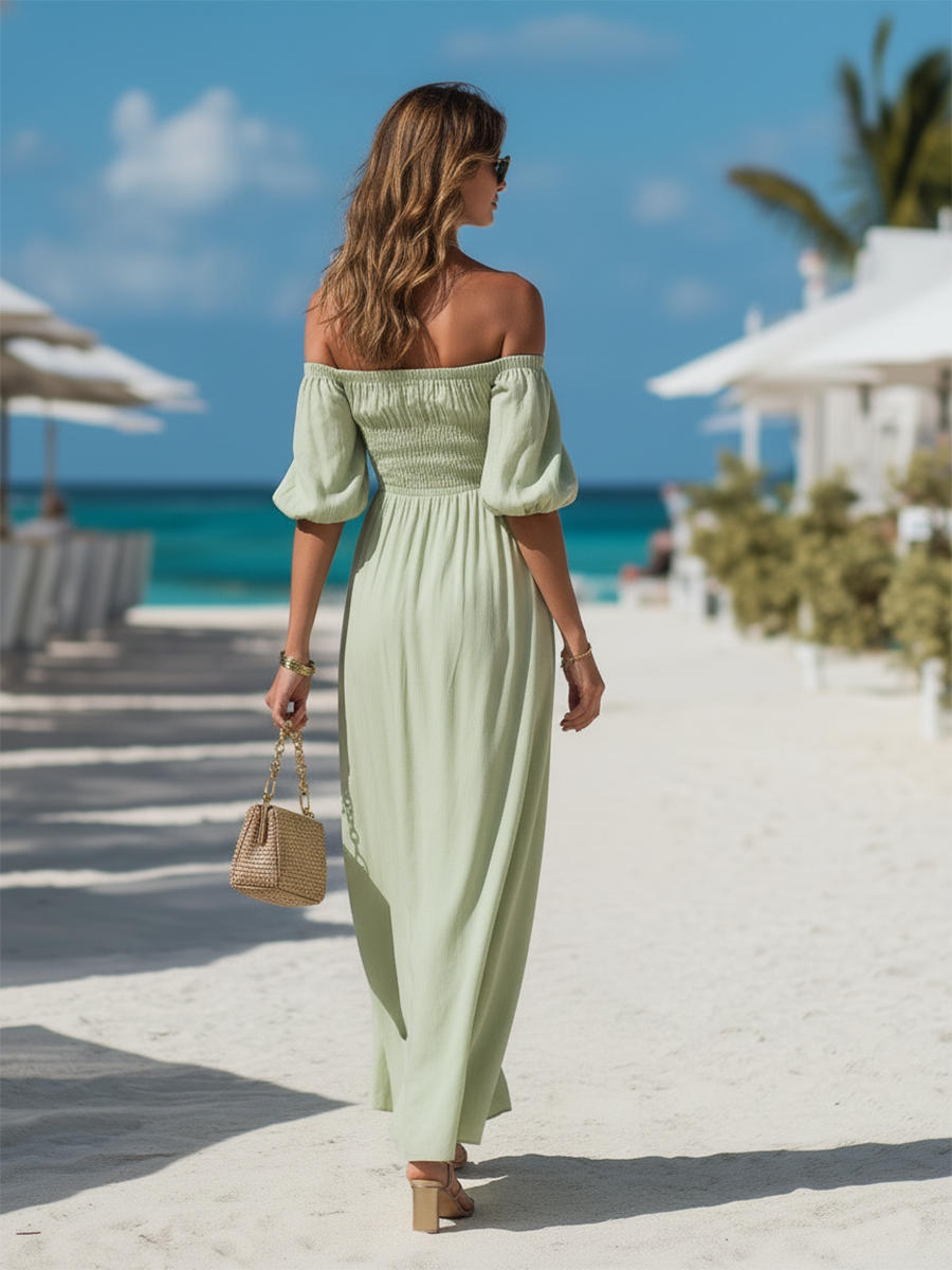 Vacation-style Cotton Off-the-shoulder Short-sleeved Maxi Dress