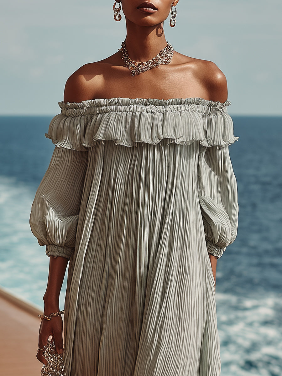 Vacation Casual Grey Crepe Chiffon Off-shoulder Maxi Dress