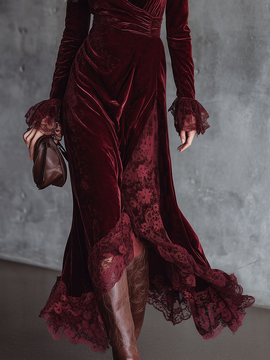 Retro And Fashionable Lace Stitching Burgundy Velvet Maxi Dress