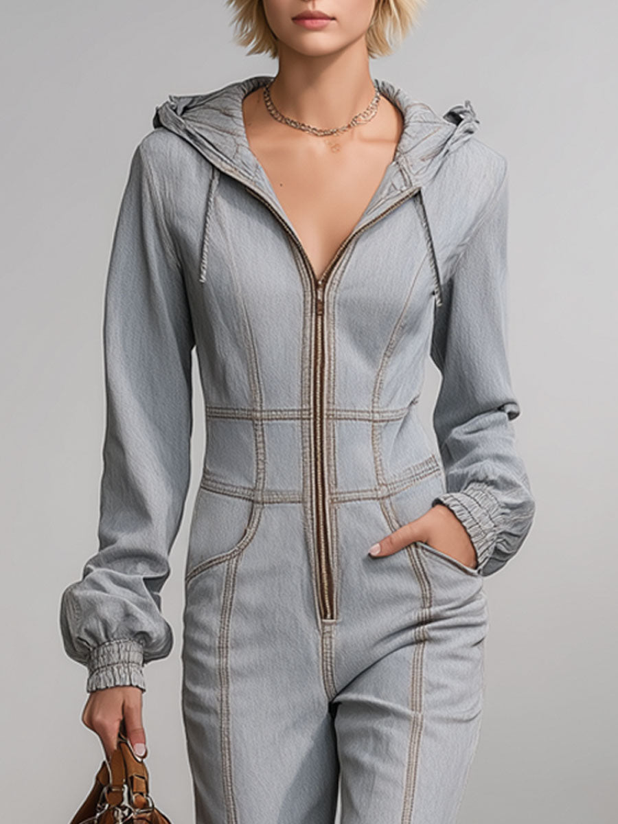 Western Retro Hooded Gray Denim Flared Raw-Edge Long-Sleeved Jumpsuit