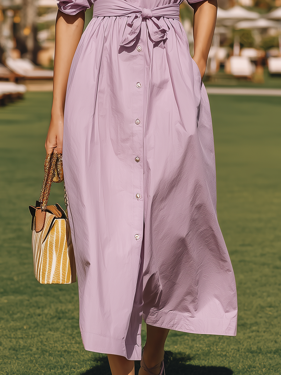 Purple Resort-style Cotton Shirt Collar Midi Dress