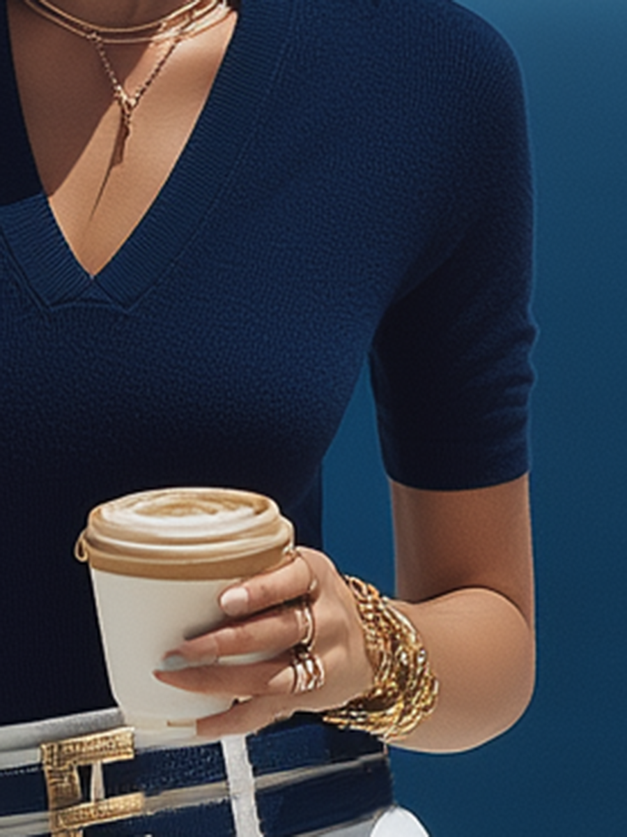 Elegant Navy Blue V-neck Short-sleeved Knitted Top