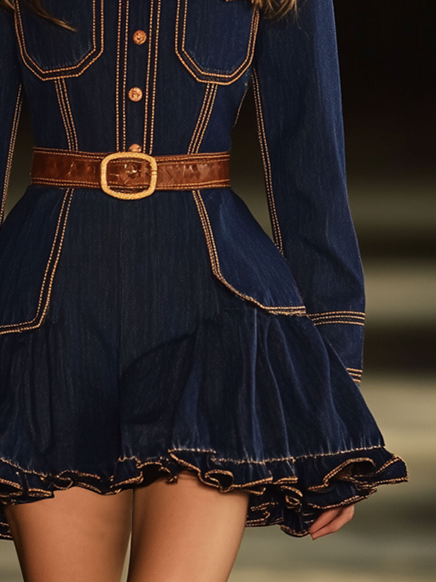 Vintage Navy Denim Topstitched Long Sleeve Ruffled Mini Dress