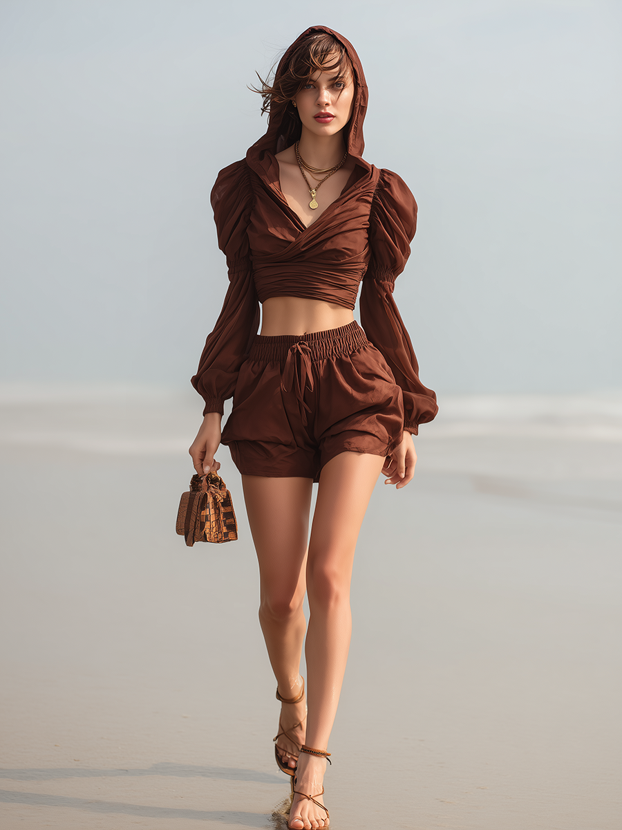 Vacation-style Chiffon V-neck Long-sleeved Top And Shorts Set
