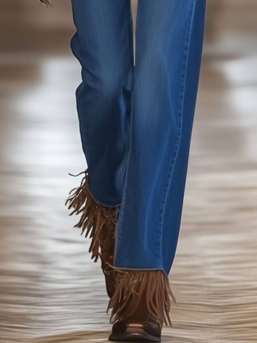 Casual Vintage Fringe Straight Dark Blue Jeans