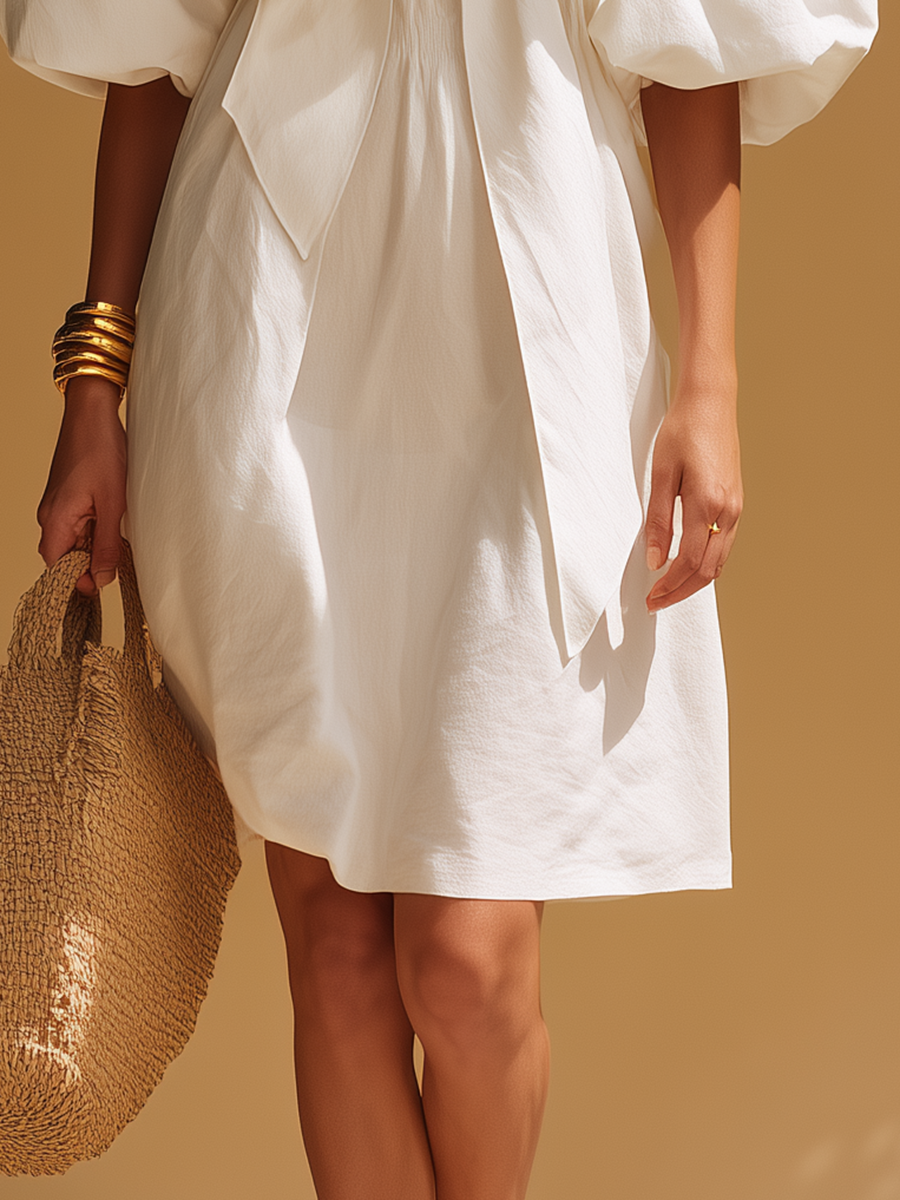 Romantic Vacation Off-the-shoulder Bow-tie White Cotton Mini Dress