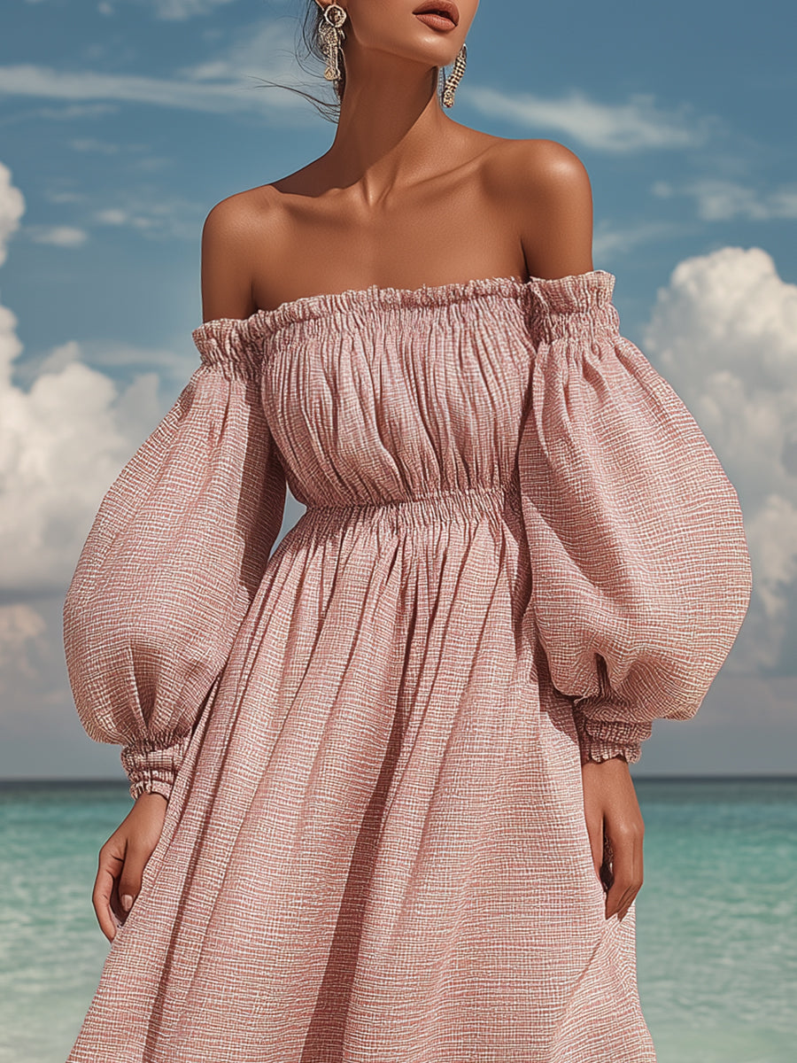 French Romantic Dusty Rose Pink Off-shoulder Puff Sleeve Midi Dress