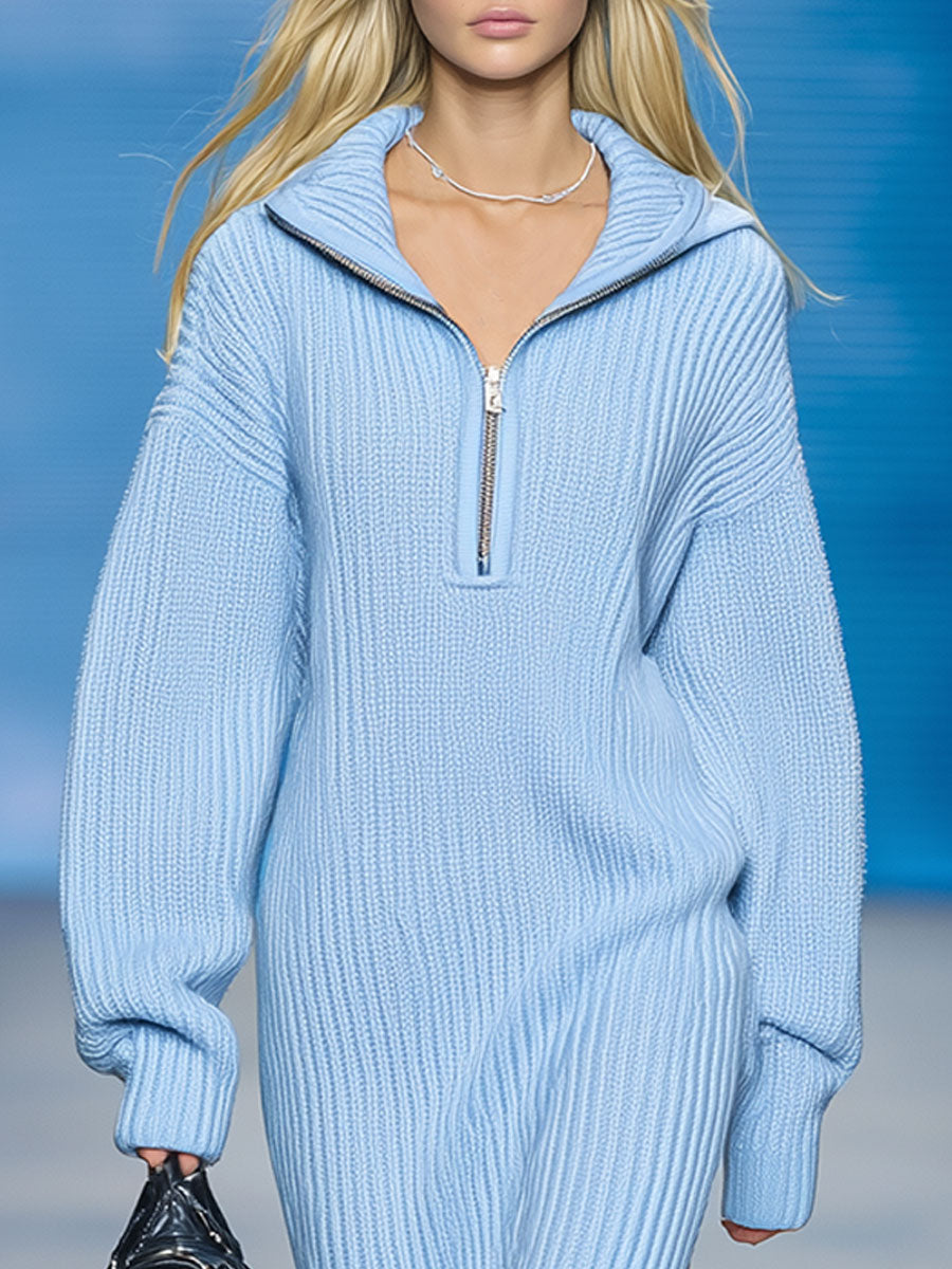 Fashion Loose Retro Blue Knitted Hooded Midi Dress